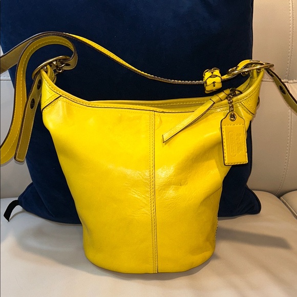 Coach Bleeker Tattersall Yellow Duffle Bucket Leather Shoulder Bag